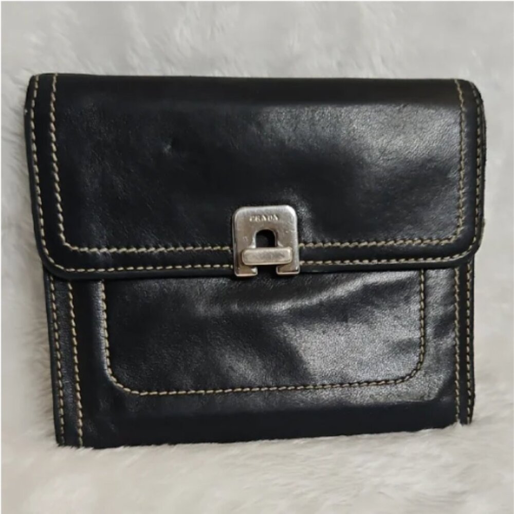 Vintage Prada Black Leather Bifold Wallet Silver Clasp & White Stitching